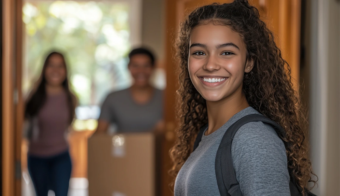 Joven estudiante sonriendo en primer plano mientras sus padres llevan cajas empaquetadas al fondo
